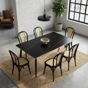 Comedor 6 Sillas Cibeles color negro y Mesa Rectangular Negra Black Lauren de 150 x 90 cm