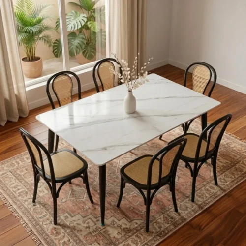 Comedor 6 Sillas Cibeles color negro y Mesa Rectangular Blanca Marmoleada de 150 x 90 cm