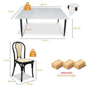 Comedor 6 Sillas Cibeles color negro y Mesa Rectangular Blanca Marmoleada de 150 x 90 cm