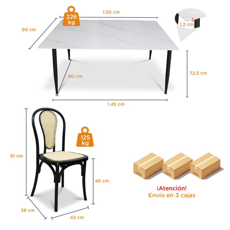 Comedor 6 Sillas Cibeles color negro y Mesa Rectangular Blanca Marmoleada de 150 x 90 cm