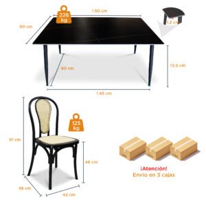 Comedor 6 Sillas Cibeles color negro y Mesa Rectangular Negra Black Lauren de 150 x 90 cm