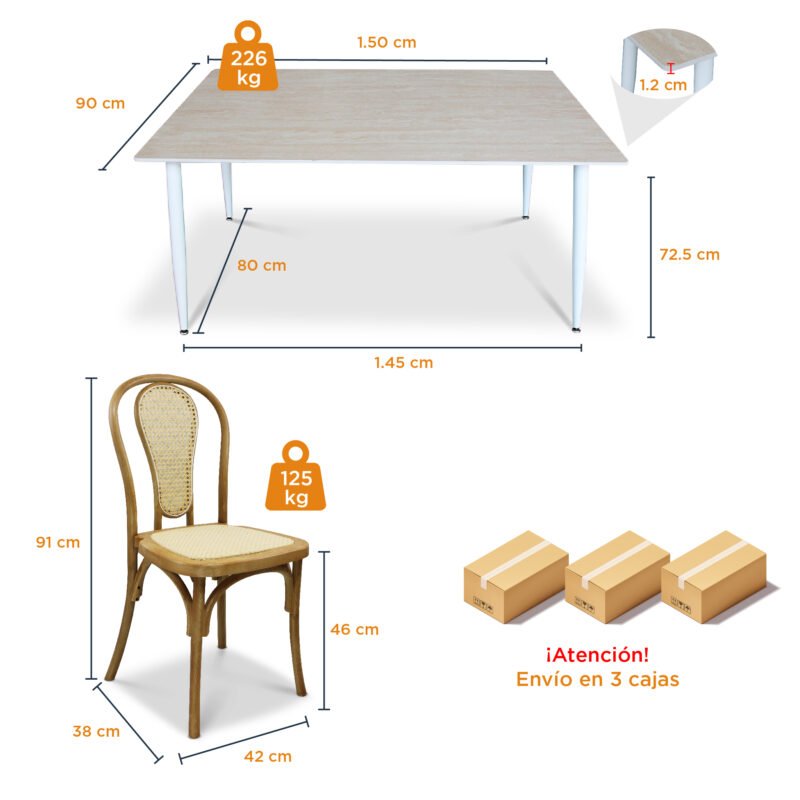 comedor-6-sillas-cibeles-mesa-rectangular-150x90cm-travertino-medidas Comedor 6 Sillas Cibeles color natural y Mesa Rectangular Travertino de 150 x 90 cm
