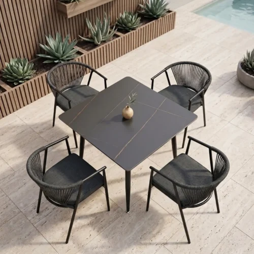Comedor cuadrado 4 sillas Melodi color negro para jardin y exteriores; mesa de piedra sinterizada Negra Black Lauren de 80x80 cm.