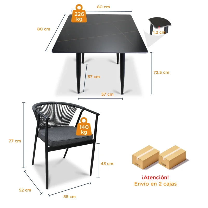 Comedor Cuadrado 4 Sillas Melodi y Mesa Negra Black Lauren 80x80 cm