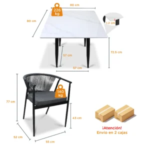 Comedor Cuadrado 4 Sillas Melodi y Mesa Blanca Marmoleada 80x80 cm