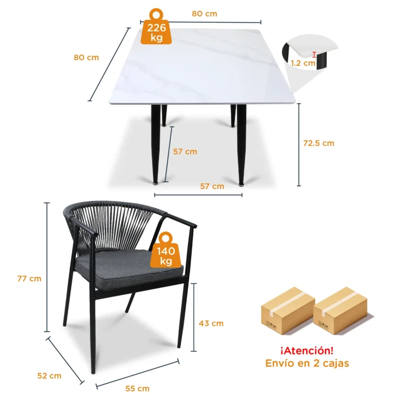 Comedor Cuadrado 4 Sillas Melodi y Mesa Blanca Marmoleada 80x80 cm