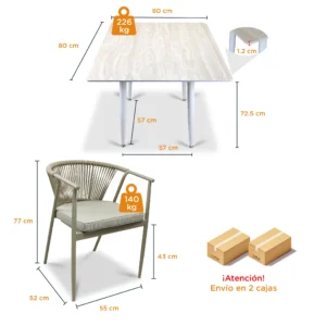Comedor Cuadrado 4 Sillas Melodi y Mesa Travertino 80x80 cm