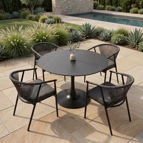 Comedor redondo 4 sillas Melodi color negro para jardin y exteriores; mesa tipo tulip de piedra sinterizada Negra Black Lauren de 80 cm.