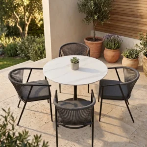 Comedor redondo 4 sillas Melodi color negro para jardin y exteriores; mesa tipo tulip de piedra sinterizada Blanca Marmoleada de 80 cm.
