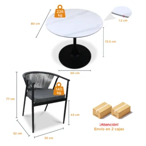 Comedor Redondo 4 Sillas Melodi y Mesa Blanca Marmoleada 80 cm