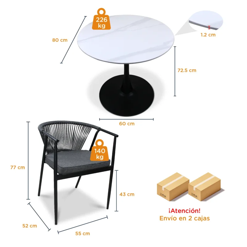 Comedor Redondo 4 Sillas Melodi y Mesa Blanca Marmoleada 80 cm