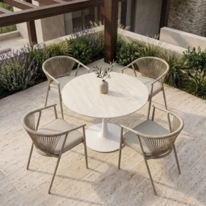 comedor-redondo-4-sillas-melodi-mesa-travertino-80-cm Comedor redondo 4 sillas Melodi color marfil para jardin y exteriores; mesa tipo tulip de piedra sinterizada Travertino de 80 cm.