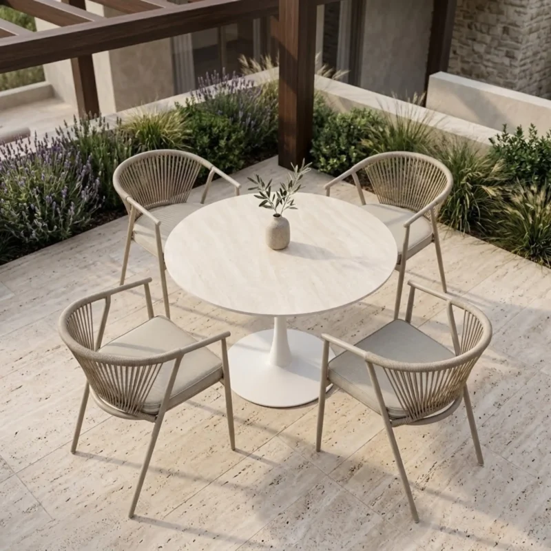 comedor-redondo-4-sillas-melodi-mesa-travertino-80-cm Comedor redondo 4 sillas Melodi color marfil para jardin y exteriores; mesa tipo tulip de piedra sinterizada Travertino de 80 cm.